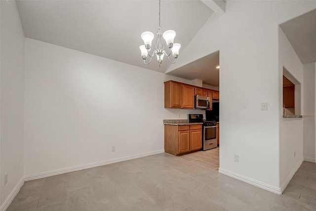 12419 Truesdell Dr, Houston, TX 77071 - kitchen with appliances with stainless steel finishes, brown cabinets, a chandelier, high vaulted ceiling, and baseboards