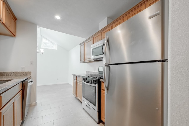 12419 Truesdell Dr, Houston, TX 77071 - kitchen featuring stainless steel appliances, light stone countertops, lofted ceiling, recessed lighting, and light tile patterned floors