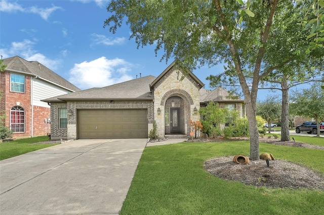 21115 Magnolia Hollow Ln, Richmond, TX 77407 - view of front of property featuring a garage, stone siding, concrete driveway, a front yard, and a shingled roof
