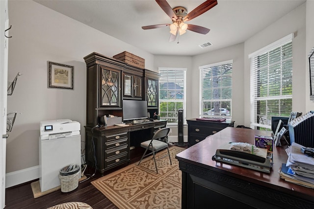 21115 Magnolia Hollow Ln, Richmond, TX 77407 - office featuring a ceiling fan, baseboards, and wood finished floors