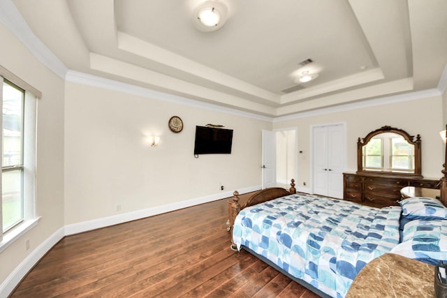 18111 Dockside Landing Dr, Cypress, TX 77433 - bedroom with a tray ceiling, multiple windows, wood finished floors, and baseboards