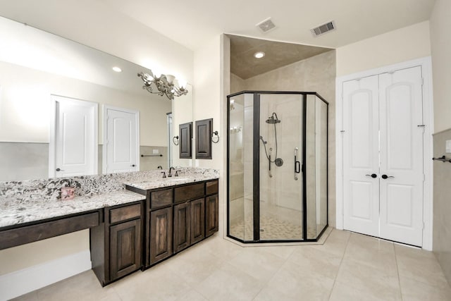 18111 Dockside Landing Dr, Cypress, TX 77433 - bathroom with a stall shower, vanity, tile patterned floors, and recessed lighting