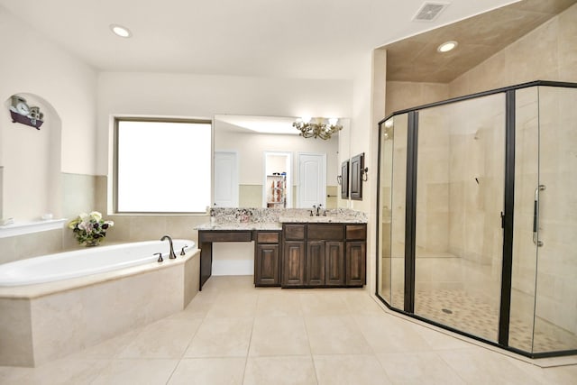 18111 Dockside Landing Dr, Cypress, TX 77433 - bathroom featuring a bath, double vanity, a stall shower, tile patterned floors, and recessed lighting