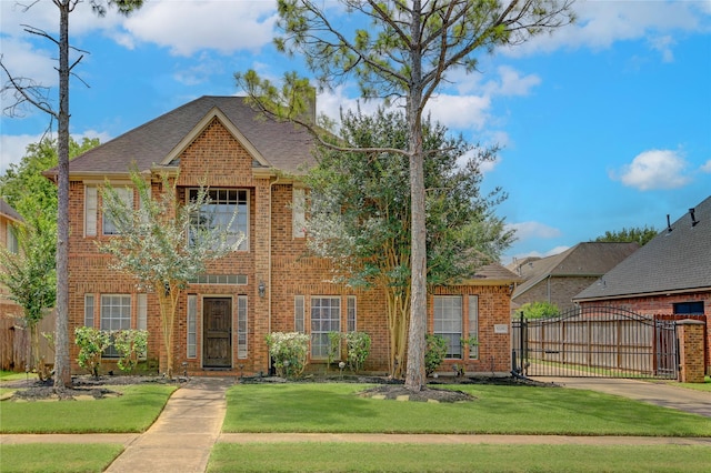 5208 Jolie Dr, Pearland, TX 77584 - traditional home featuring brick siding, a gate, and a shingled roof