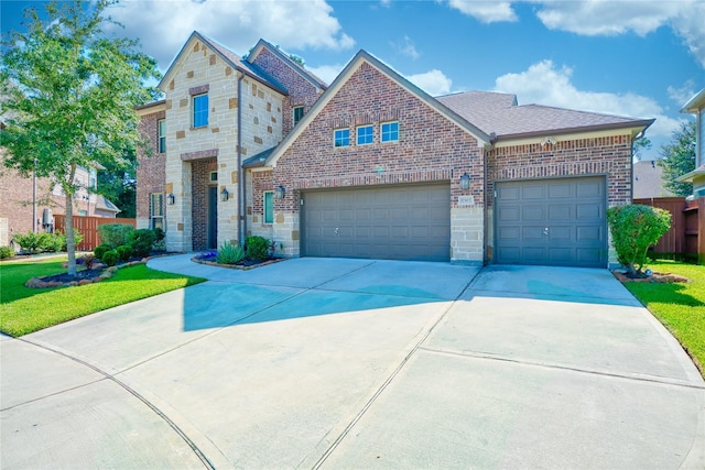 17107 Nulakeast Ct, Houston, TX 77044 - view of front of home with brick siding, driveway, a garage, stone siding, and roof with shingles