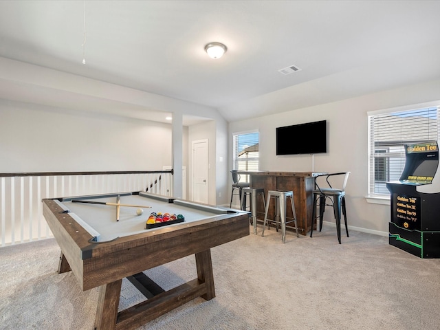 9715 Migrant Hawker Ct, Conroe, TX 77385 - playroom featuring carpet floors, billiards, a bar, and baseboards