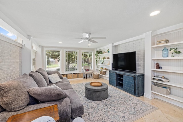 36 Lakeview Dr, Galveston, TX 77551 - living area featuring built in features, a ceiling fan, tile patterned flooring, and recessed lighting