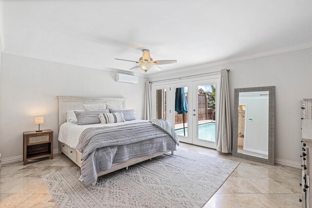 36 Lakeview Dr, Galveston, TX 77551 - bedroom with crown molding, french doors, a wall mounted air conditioner, access to exterior, and baseboards