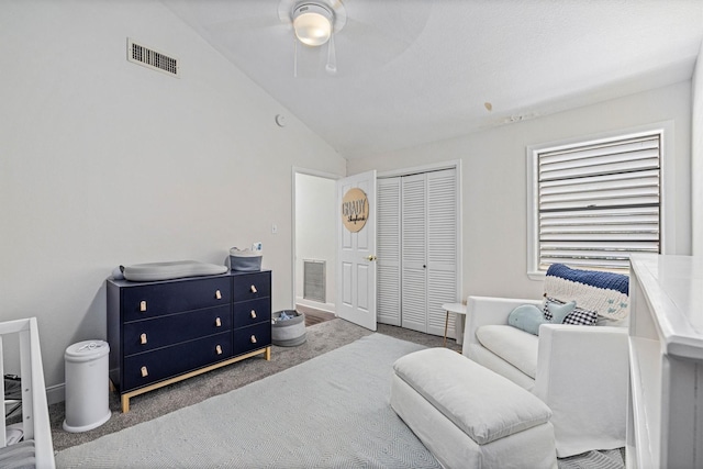 36 Lakeview Dr, Galveston, TX 77551 - bedroom featuring vaulted ceiling, carpet, a closet, and ceiling fan