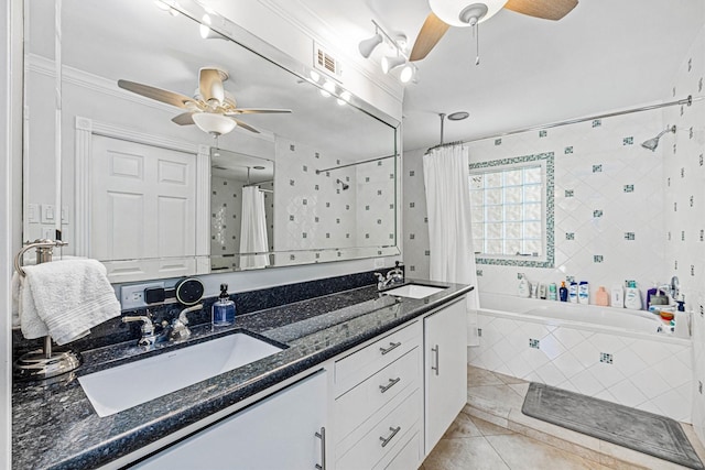 36 Lakeview Dr, Galveston, TX 77551 - full bath featuring ceiling fan, double vanity, tile patterned floors, and crown molding