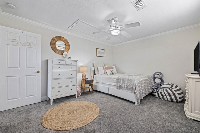36 Lakeview Dr, Galveston, TX 77551 - bedroom with attic access, carpet, crown molding, ceiling fan, and a textured ceiling