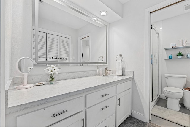 36 Lakeview Dr, Galveston, TX 77551 - bathroom with toilet, vanity, and a shower stall