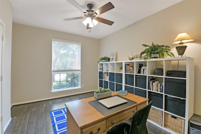 19538 Salt Grass Meadow Dr, Cypress, TX 77433 - office area featuring ceiling fan, baseboards, and wood finished floors