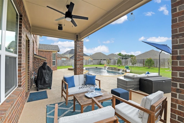 19538 Salt Grass Meadow Dr, Cypress, TX 77433 - view of patio / terrace featuring an outdoor hangout area, ceiling fan, a residential view, and area for grilling