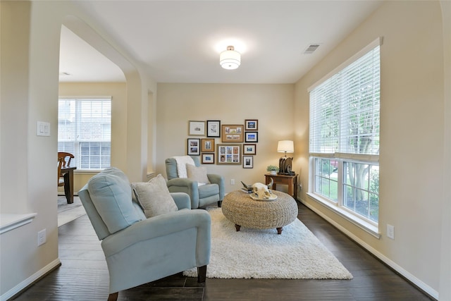 19538 Salt Grass Meadow Dr, Cypress, TX 77433 - sitting room featuring healthy amount of natural light, dark wood-type flooring, baseboards, and arched walkways