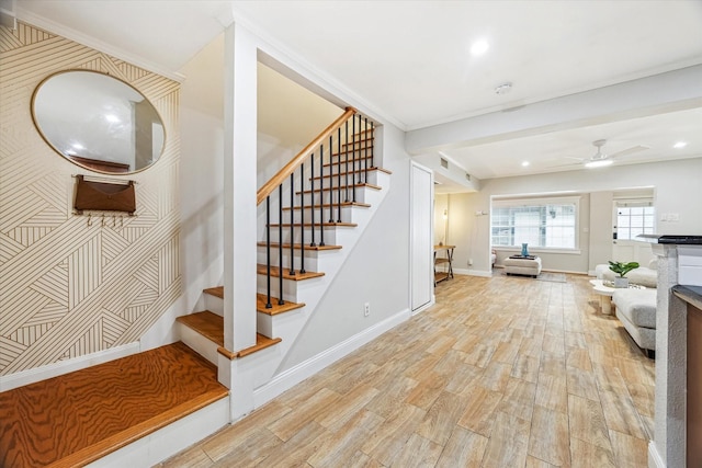 811 Lovett Blvd Unit 26, Houston, TX 77006 - stairway featuring wood finished floors, a ceiling fan, and recessed lighting