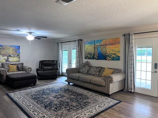 8594 Morgan Ln, Orange, TX 77632 - living area featuring french doors, a textured ceiling, dark wood-style flooring, crown molding, and healthy amount of natural light