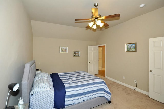2366 Bastrop St, Houston, TX 77004 - bedroom with lofted ceiling, light carpet, baseboards, and a ceiling fan
