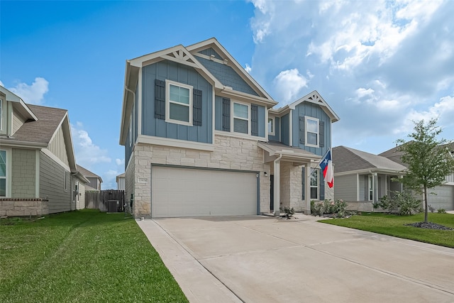 23834 Thistle Spud Ln, Hockley, TX 77447 - craftsman-style home with board and batten siding, stone siding, an attached garage, and cooling unit