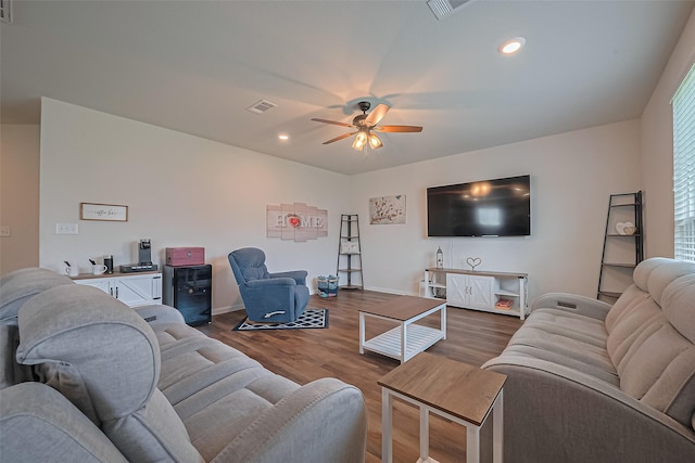23834 Thistle Spud Ln, Hockley, TX 77447 - living area with ceiling fan, wood finished floors, baseboards, and recessed lighting