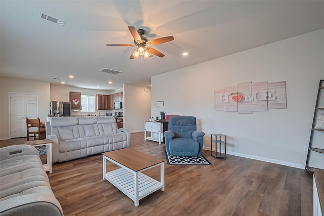 23834 Thistle Spud Ln, Hockley, TX 77447 - living room with a ceiling fan, wood finished floors, baseboards, and recessed lighting
