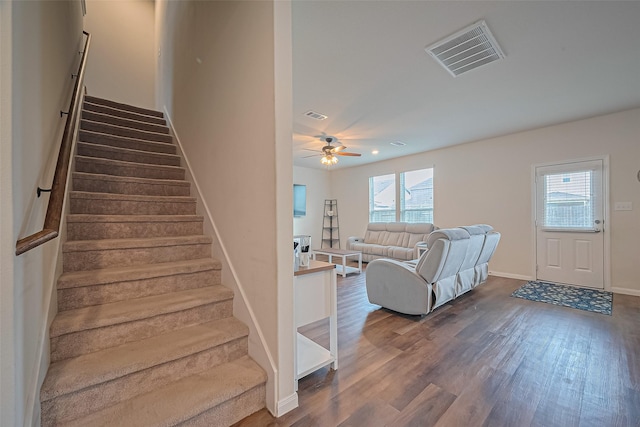 23834 Thistle Spud Ln, Hockley, TX 77447 - stairs featuring plenty of natural light, wood finished floors, a ceiling fan, and baseboards