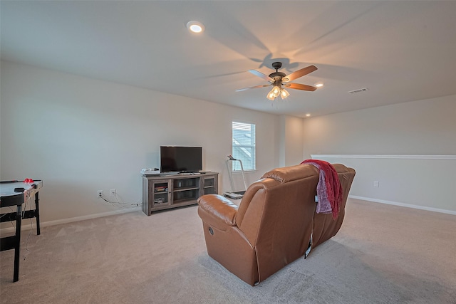 23834 Thistle Spud Ln, Hockley, TX 77447 - living area with light colored carpet, a ceiling fan, baseboards, and recessed lighting