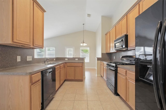 18330 Melissa Springs Dr, Tomball, TX 77375 - kitchen featuring black appliances, a sink, backsplash, lofted ceiling, and light tile patterned floors