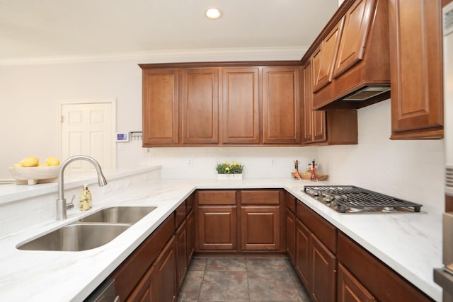 4256 Childress St, Houston, TX 77005 - kitchen featuring a sink, stainless steel gas stovetop, recessed lighting, ornamental molding, and tasteful backsplash