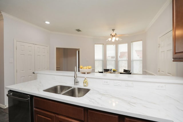 4256 Childress St, Houston, TX 77005 - kitchen featuring dishwasher, a sink, crown molding, a ceiling fan, and light stone counters