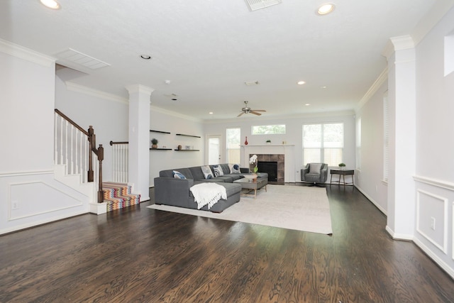 4256 Childress St, Houston, TX 77005 - living room with ceiling fan, dark wood-style floors, recessed lighting, a fireplace, and stairway