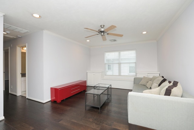4256 Childress St, Houston, TX 77005 - living room featuring ceiling fan, ornamental molding, wood finished floors, recessed lighting, and baseboards