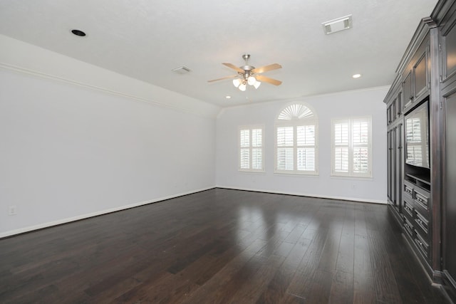 4256 Childress St, Houston, TX 77005 - unfurnished living room featuring ceiling fan, baseboards, dark wood-style flooring, recessed lighting, and ornamental molding
