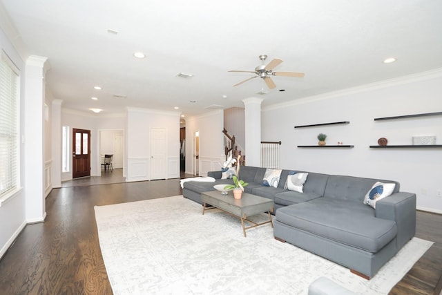 4256 Childress St, Houston, TX 77005 - living room with ornate columns, ornamental molding, dark wood-type flooring, ceiling fan, and recessed lighting