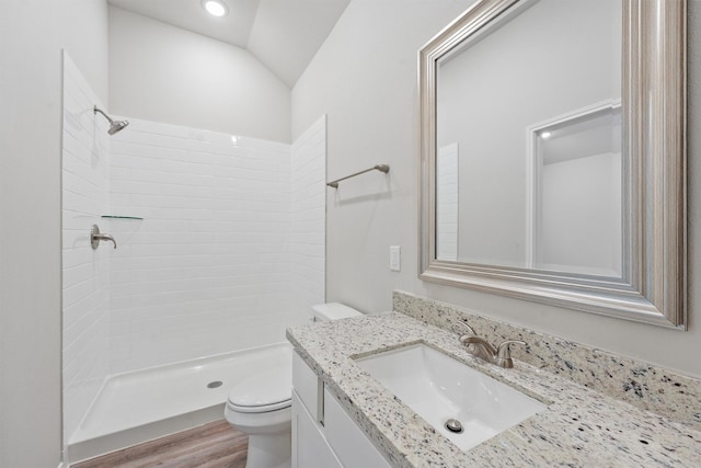 705 Little River Dr, Montgomery, TX 77316 - full bathroom featuring toilet, vanity, a shower stall, wood finished floors, and lofted ceiling