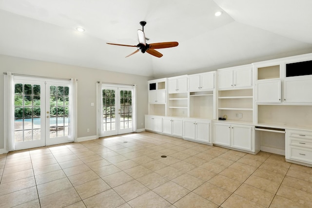 263 S Crimson Clover Ct, The Woodlands, TX 77381 - unfurnished living room with french doors, light tile patterned floors, ceiling fan, lofted ceiling, and recessed lighting