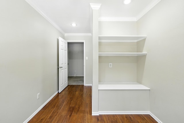 263 S Crimson Clover Ct, The Woodlands, TX 77381 - hallway with ornamental molding, wood finished floors, and recessed lighting