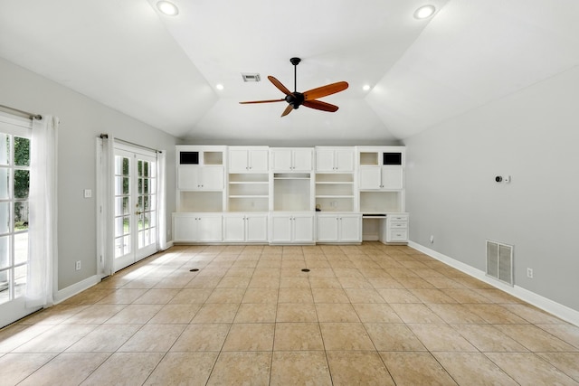 263 S Crimson Clover Ct, The Woodlands, TX 77381 - unfurnished living room with ceiling fan, lofted ceiling, light tile patterned flooring, recessed lighting, and built in study area