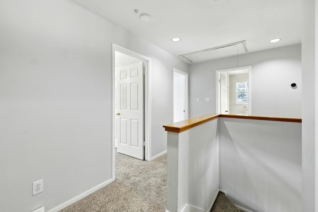 263 S Crimson Clover Ct, The Woodlands, TX 77381 - hall featuring attic access, carpet flooring, and recessed lighting