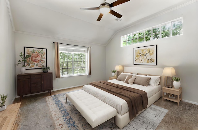 263 S Crimson Clover Ct, The Woodlands, TX 77381 - carpeted bedroom with multiple windows, lofted ceiling, a ceiling fan, and crown molding