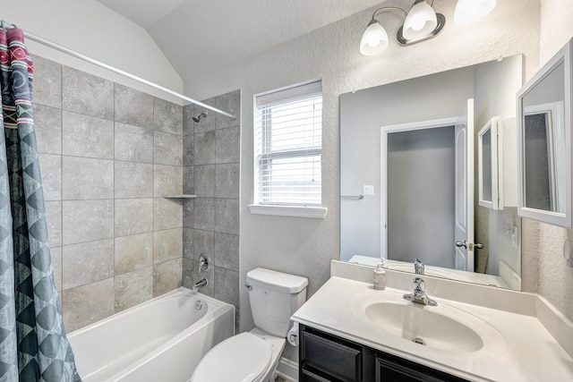 2811 Ridgecliff Ct, Conroe, TX 77301 - full bathroom with shower / tub combo with curtain, vanity, toilet, a textured wall, and lofted ceiling