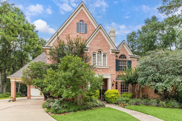 6010 Maple Knob Ct, Kingwood, TX 77345 - colonial inspired home featuring brick siding, a chimney, concrete driveway, and a front lawn