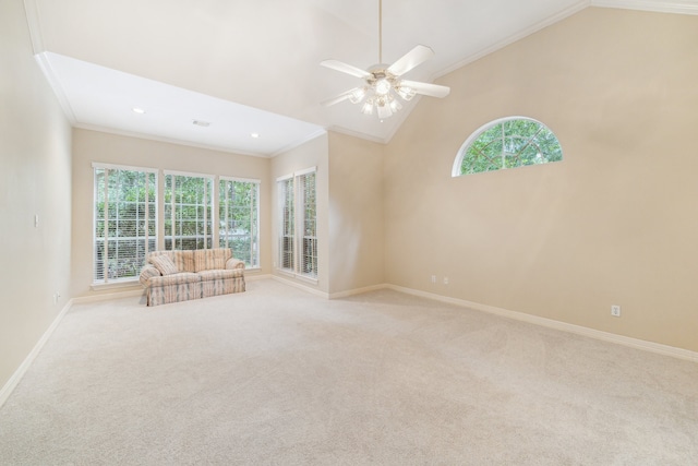 6010 Maple Knob Ct, Kingwood, TX 77345 - unfurnished living room featuring crown molding, vaulted ceiling, carpet, ceiling fan, and recessed lighting