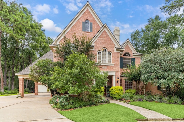 6010 Maple Knob Ct, Kingwood, TX 77345 - colonial-style house featuring brick siding, a chimney, concrete driveway, and a front lawn