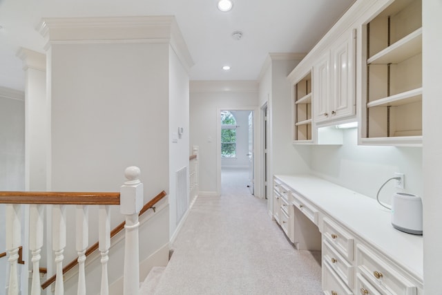 6010 Maple Knob Ct, Kingwood, TX 77345 - hall with crown molding, an upstairs landing, recessed lighting, light colored carpet, and an office area
