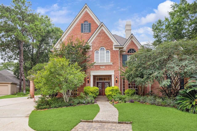 6010 Maple Knob Ct, Kingwood, TX 77345 - colonial inspired home with french doors, brick siding, a front yard, and a chimney
