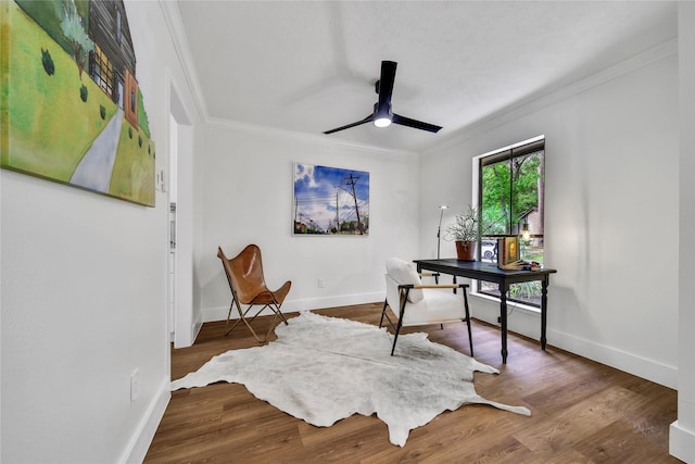 3022 Grove Terrace Dr, Houston, TX 77345 - office space with ornamental molding, ceiling fan, baseboards, and wood finished floors