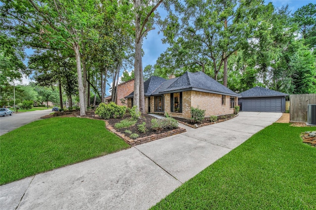 3022 Grove Terrace Dr, Houston, TX 77345 - view of front of house featuring brick siding, a garage, central AC unit, roof with shingles, and a chimney