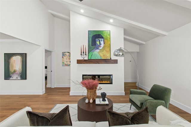 3022 Grove Terrace Dr, Houston, TX 77345 - living room with wood finished floors, a glass covered fireplace, recessed lighting, baseboards, and high vaulted ceiling