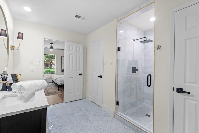 3022 Grove Terrace Dr, Houston, TX 77345 - full bathroom featuring vanity, a stall shower, ensuite bath, baseboards, and a ceiling fan